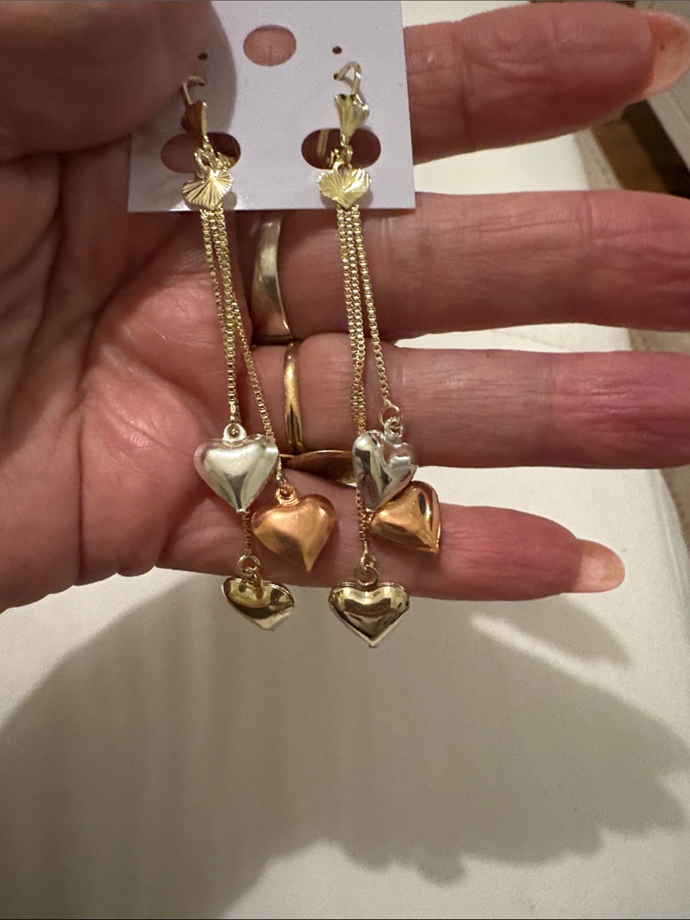Tri-Tone Heart Drop Dangle Earrings - Gold, Silver & Rose Gold